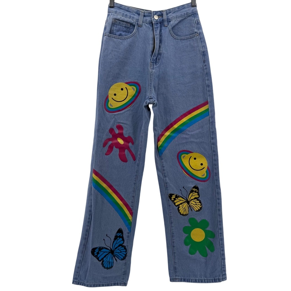 SHEIN Straight Leg Jeans Women XS Blue Graphic Print Smiley Butterfly Rainbow